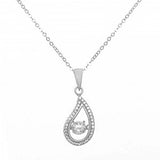 Sterling Silver Diamond Cut Rolo Chain Open Teardrop Necklace with Clear CZ Centered and Pave Clear CZ OutlineAnd Adjustable Chain Length of 16  Plus 2  Extension and Lobster Clasp