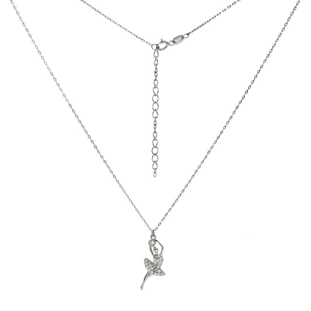 Sterling Silver Diamond Cut Cable Chain With Ballerina CZ Rhodium Necklace