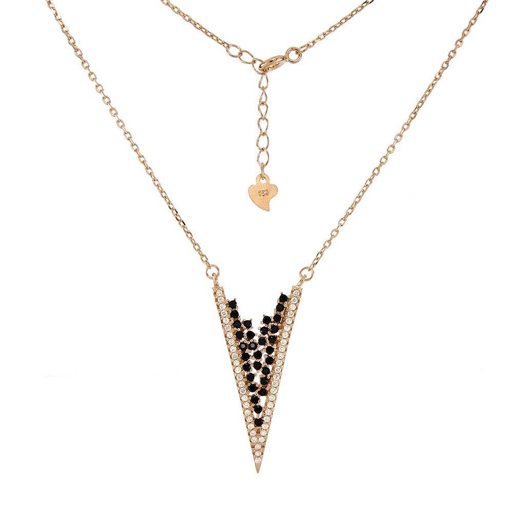 Sterling silver V Shape Black and White CZ W. Rose Gold Plated Necklace