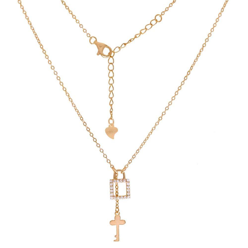 Sterling Silver CZ Lock And Key Pendant Rose Gold Plated Necklace