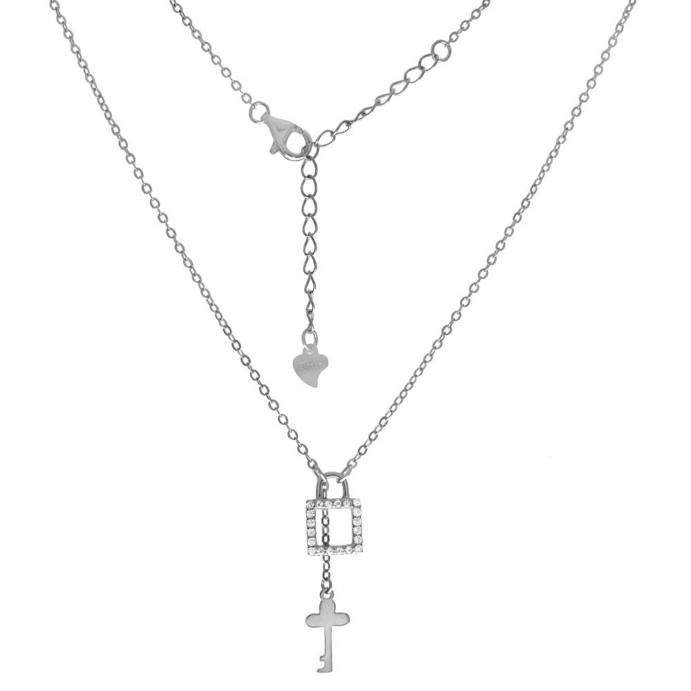 Sterling Silver CZ Lock And Key Pendant Necklace