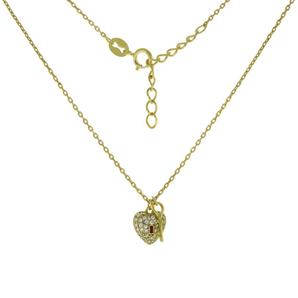 Sterling Silver Cubic Zirconia Heart and Key Gold Plated Pendant Necklace - silverdepot