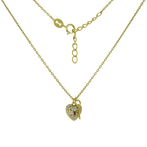 Sterling Silver Cubic Zirconia Heart and Key Gold Plated Pendant Necklace