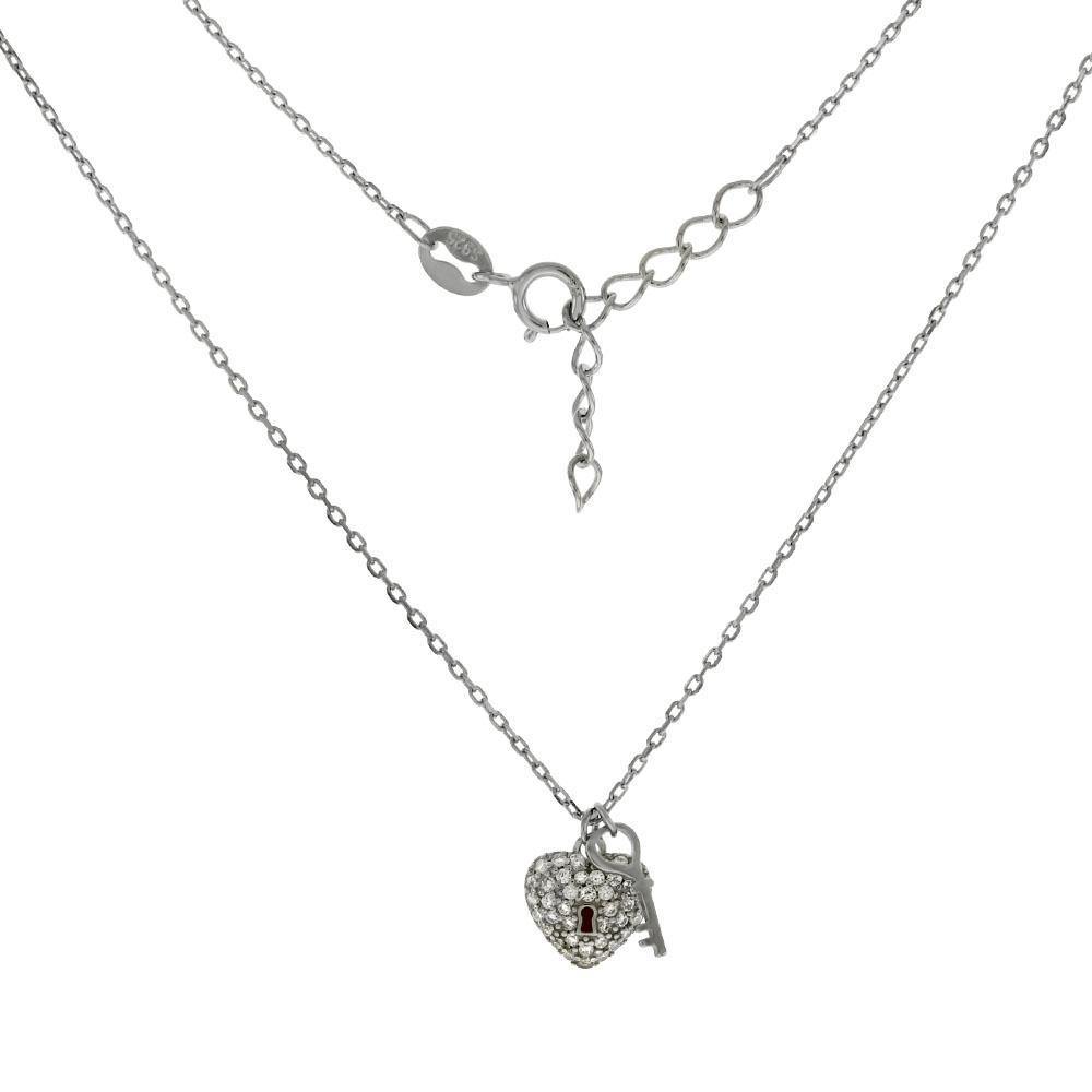 Sterling Silver Cubic Zirconia Heart and Key Rhodium Pendant Necklace - silverdepot