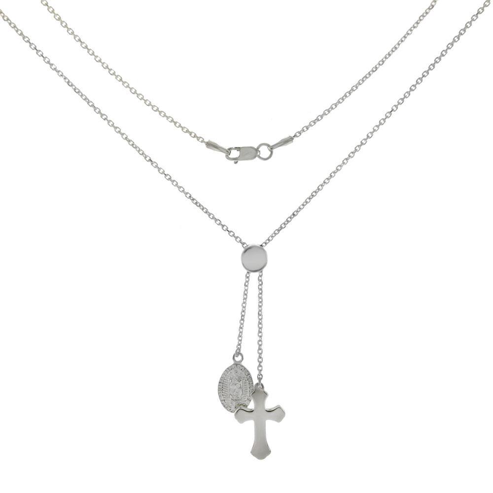 Sterling Silver Cable D/C Chain With Lady of Guadalupe and Cross Adjustable Necklace - silverdepot