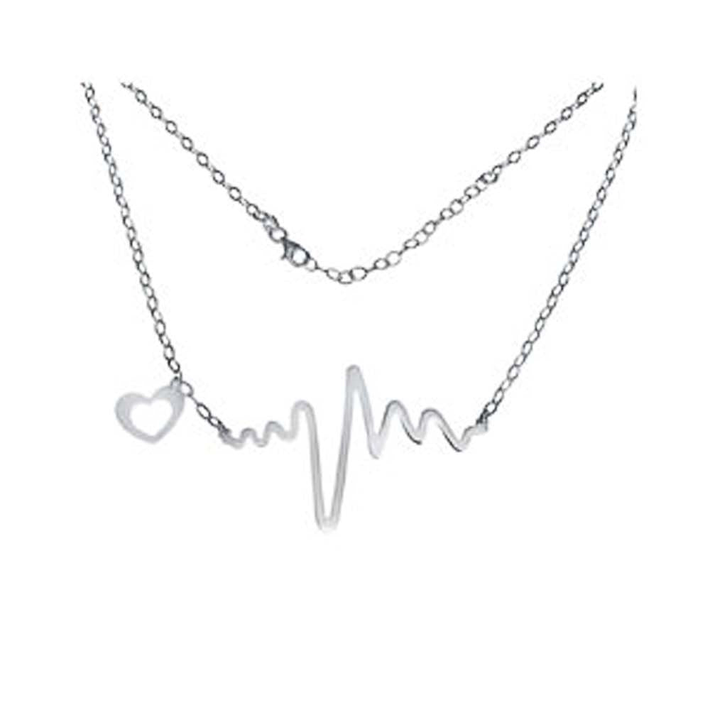 Italian Sterling Silver Stylish Heart and Heartbeat Necklace with Chain Length of 17  Plus 2  Extension and Lobster Clasp