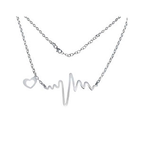 Italian Sterling Silver Stylish Heart and Heartbeat Necklace with Chain Length of 17  Plus 2  Extension and Lobster Clasp