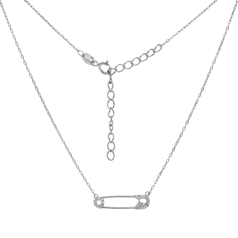 Sterling Silver Diamond Cut Chain With Cubic Zirconia Safety Pin Rhodium Necklace