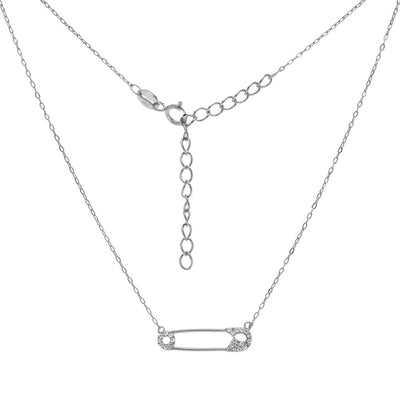Sterling Silver Diamond Cut Chain With Cubic Zirconia Safety Pin Rhodium Necklace