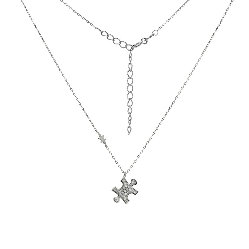 Sterling Silver Diamond Cut Cable Chain With Puzzle CZ Rhodium Necklace