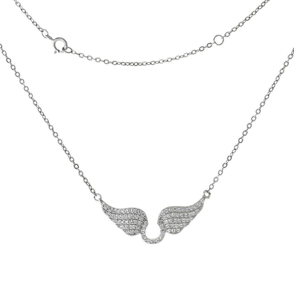 Sterling Silver Diamond Cut Cable Chain With Micro Pave CZ Angel Wing Necklace