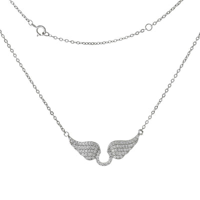 Sterling Silver Diamond Cut Cable Chain With Micro Pave CZ Angel Wing Necklace