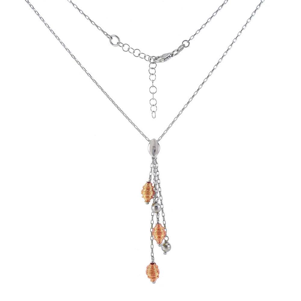 Rhodium Plated Italian Sterling Silver Ball and Shell Shape Necklace with Lobster Claw Clasp Closure