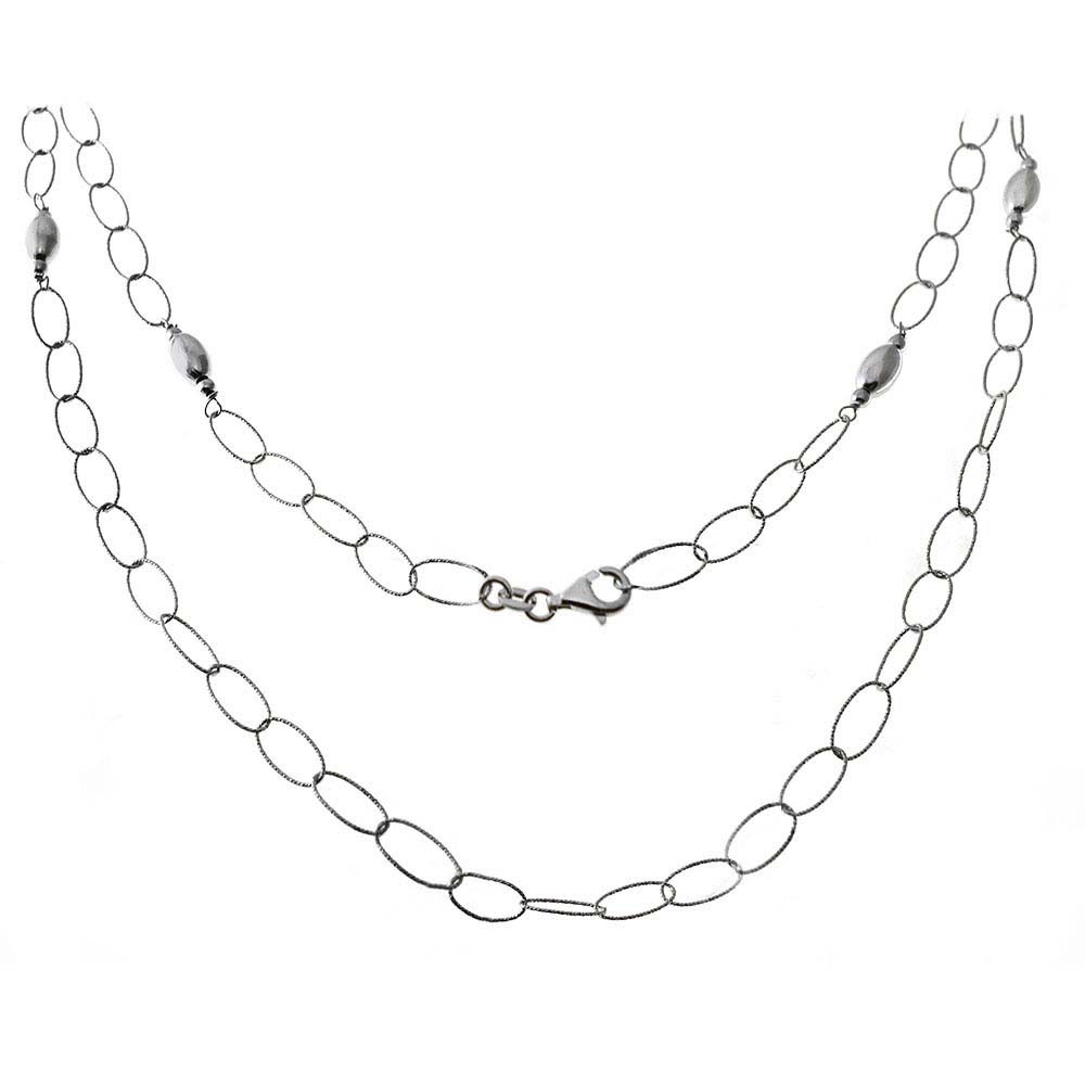 Sterling Silver Italian Fancy Oval Rolo Long Rhodium Necklace