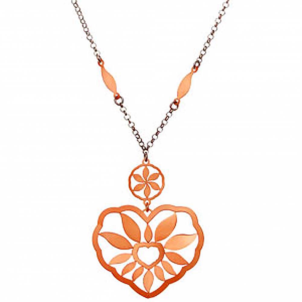 Rhodium Plated Italian Sterling Silver Rolo Necklace with Rose Gold Plated Heart and Flower Design and Necklace Length of 17