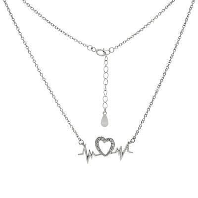 Sterling Silver Heartbeat And CZ Heart Rhodium Necklace
