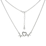 Sterling Silver Heartbeat And CZ Heart Rhodium Necklace