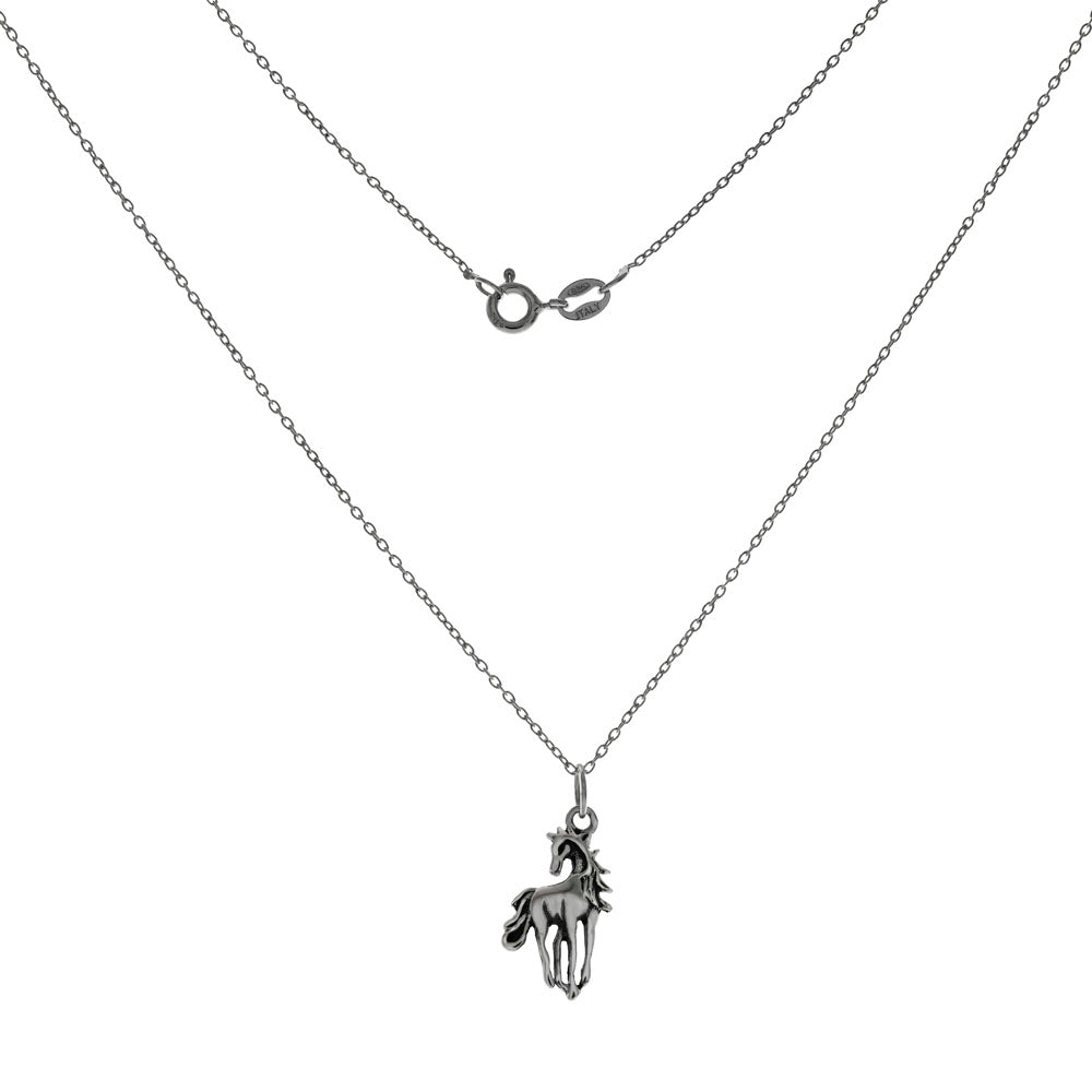 Italian Sterling Silver Rhodium Cable Chain With Horse Charm Pendent Necklace