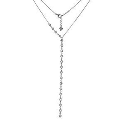 Sterling Silver Round Bezel CZ Rhodium Lariat NecklaceAnd Length 21 inchesAnd Width 3.9mm