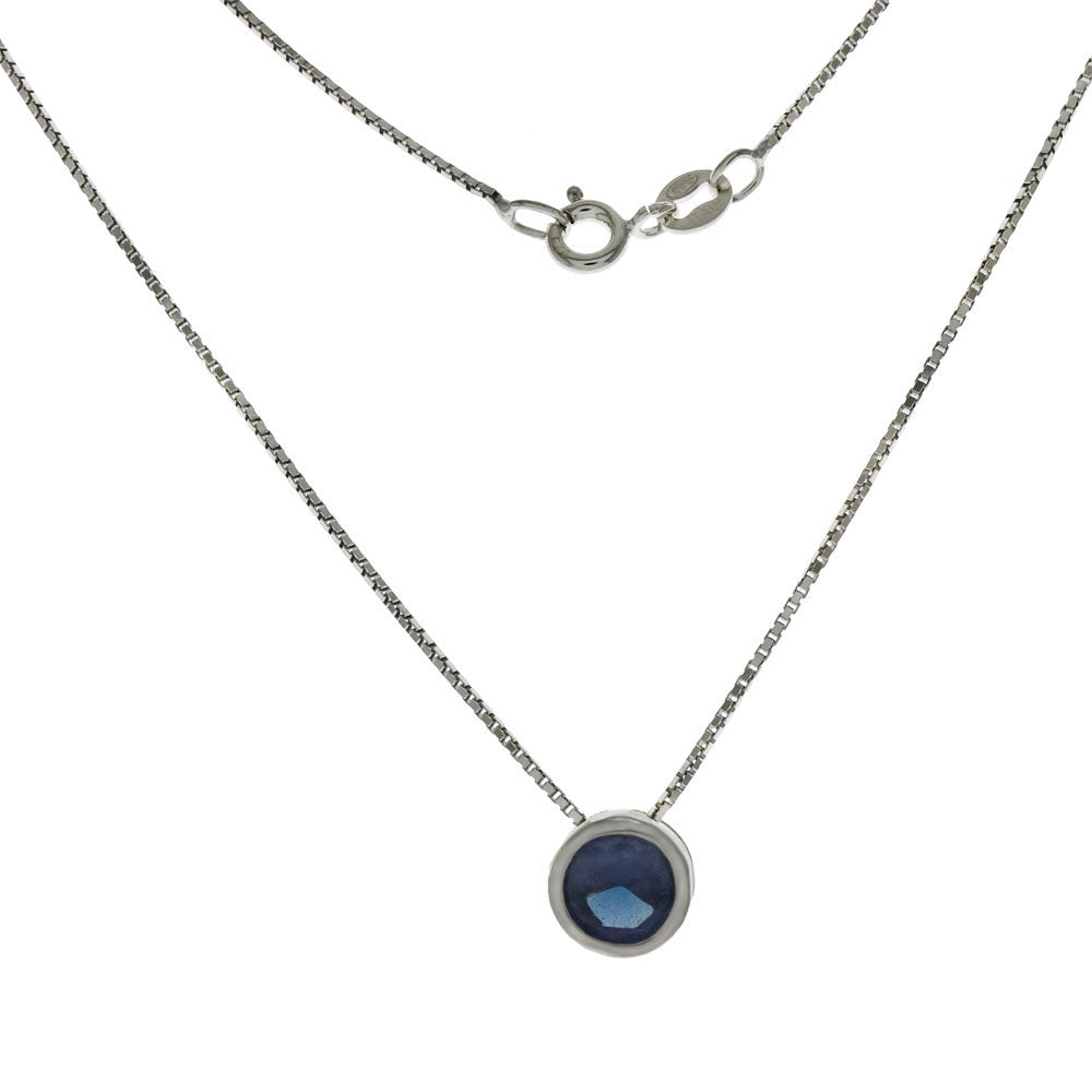 Sterling Silver Blue Cubic Zirconia Bezel Setting With Box Chain Rhodium Necklace