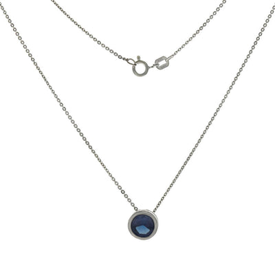 Sterling Silver Blue Cubic Zirconia Bezel Setting With Rolo Diamond Cut Chain Rhodium Necklace
