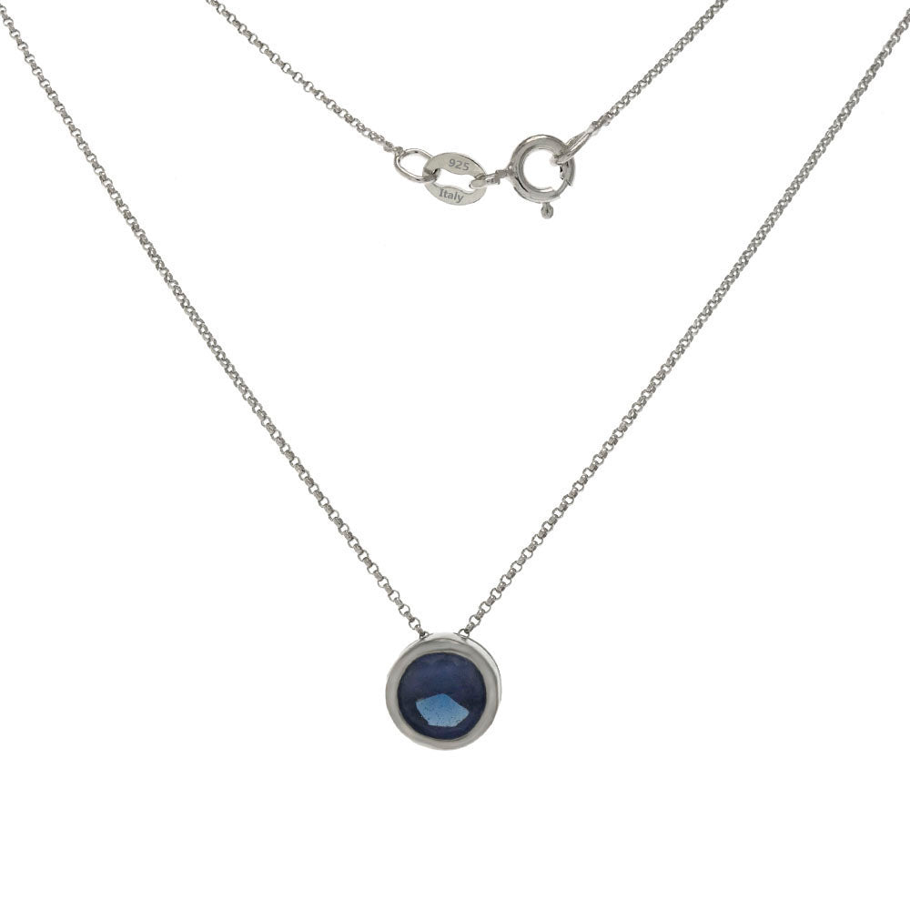 Sterling Silver Blue Cubic Zirconia Bezel Setting With Rolo Chain Rhodium Necklace