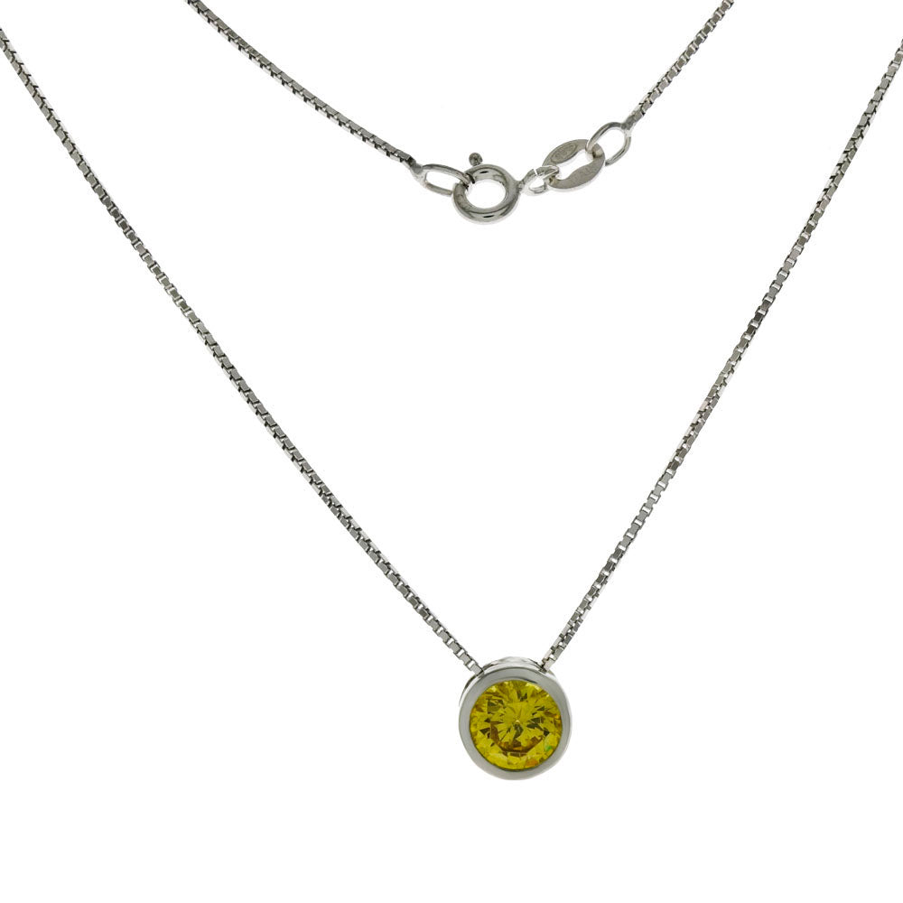 Sterling Silver Yellow Cubic Zirconia Bezel Setting With Box Chain Rhodium Necklace