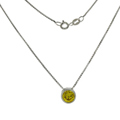 Sterling Silver Yellow Cubic Zirconia Bezel Setting With Box Chain Rhodium Necklace