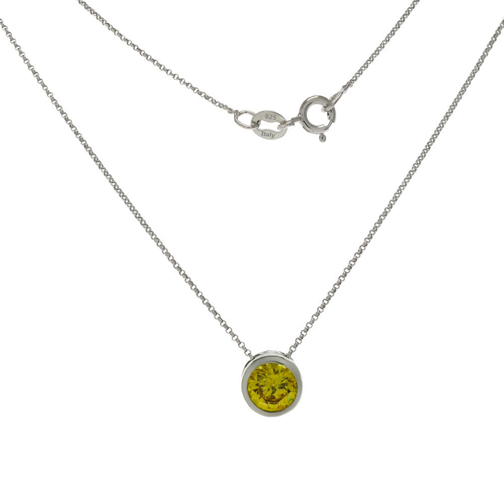 Sterling Silver Yellow Cubic Zirconia Bezel Setting With Rolo Chain Rhodium Necklace