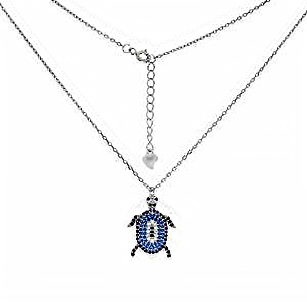 Sterling Silver Sea Turtle Pave Shaped Pendant Necklace With Blue Sapphire CZAnd Length 18.5 inch