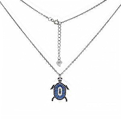 Sterling Silver Sea Turtle Pave Shaped Pendant Necklace With Blue Sapphire CZAnd Length 18.5 inch