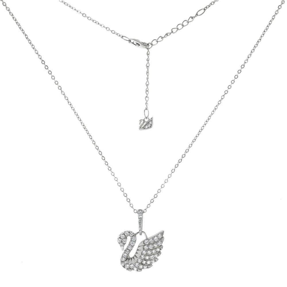 Sterling Silver Rolo Diamond cut With Pave CZ Swan Pendant Necklace