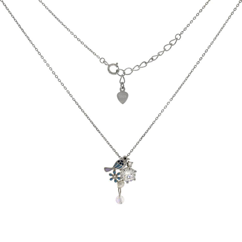 Sterling Silver Enamel Bird-Flower-7mm Round CZ Pendant With Cable D/C Necklace - silverdepot