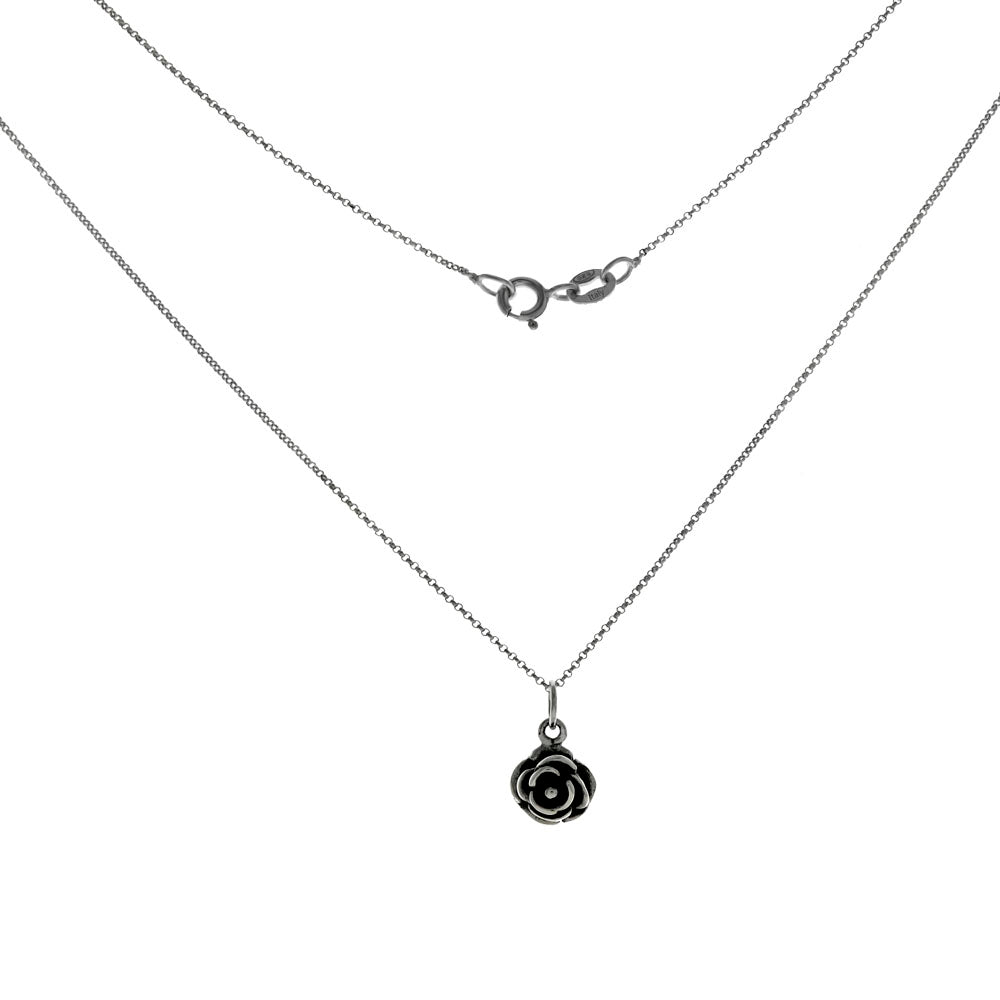 Sterling Silver Rhodium Round Rolo With Rose Charm Pendant Necklace