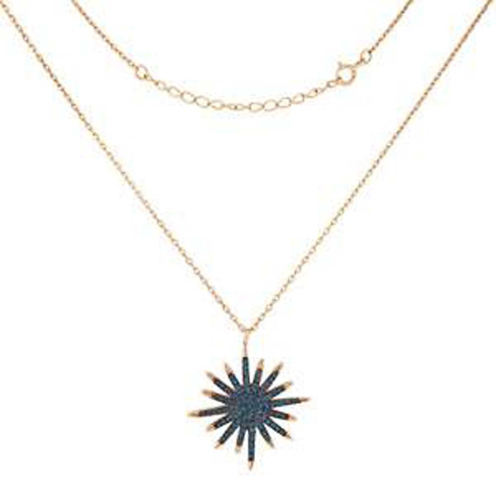 Streling Silver Rose Gold Plated Snowflake Shaped Necklace With Blue Sapphire CZAnd Length 19 inchAnd Diameter 27.8 mm