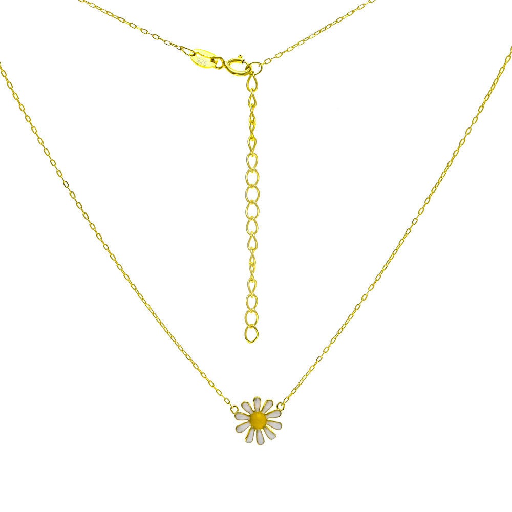 Sterling Silver Cable Diamond Cut Gold Plated Chain Necklace With Enamel Daisy Flower