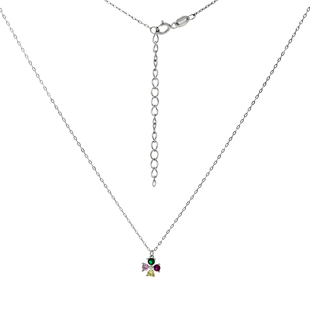 Sterling Silver Diamond Cut Cable Rhodium Chain With Multi Color Four-Leaf Clover CZ Necklace