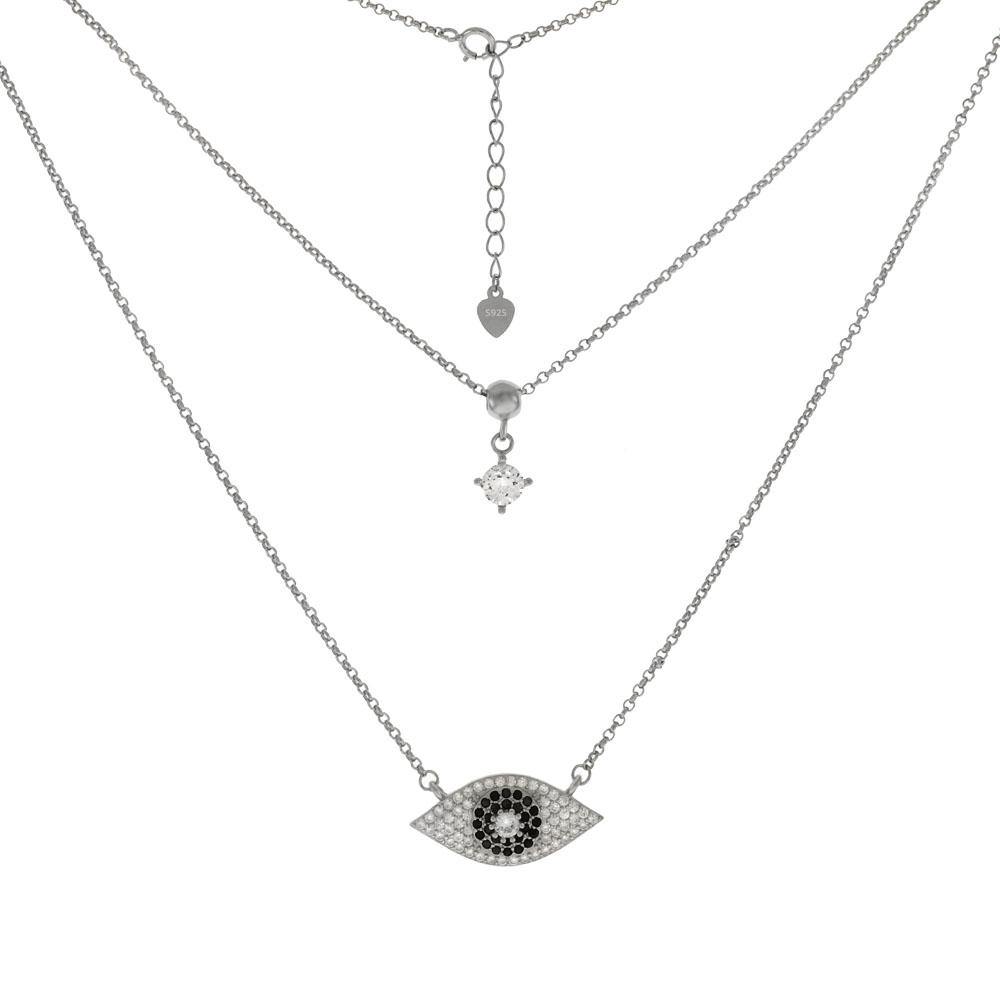 Sterling Silver Micro Pave CZ Evil Eye With Layered Rolo Chain Necklace - silverdepot