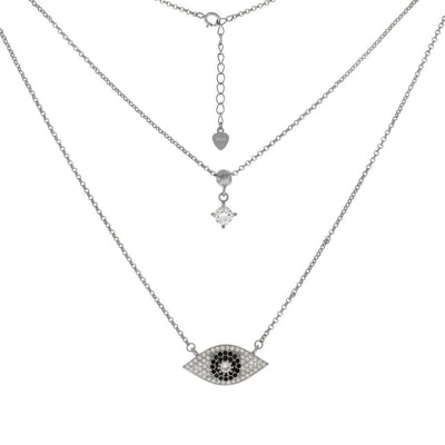 Sterling Silver Micro Pave CZ Evil Eye With Layered Rolo Chain Necklace - silverdepot