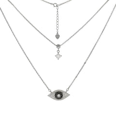Sterling Silver Micro Pave CZ Evil Eye With Layered Rolo Chain Necklace