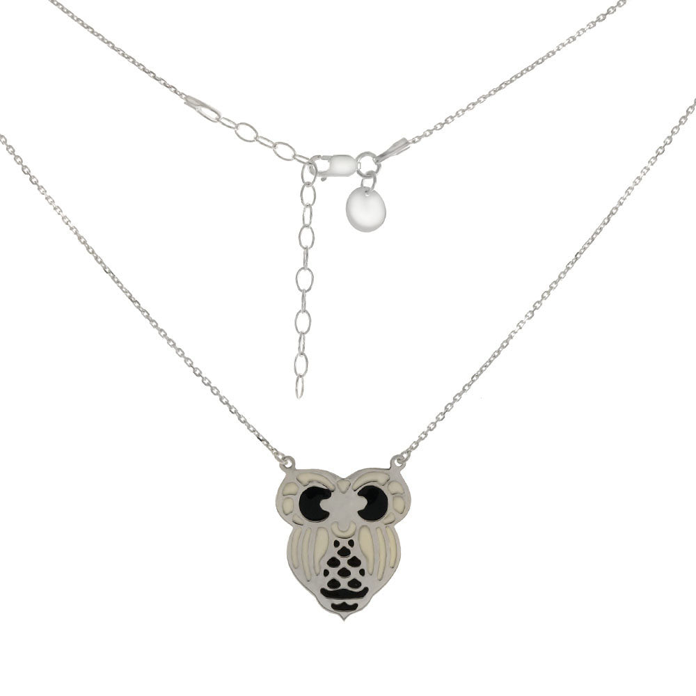 Sterling Silver Diamond Cut Cable Chain With Black and White Enamel Owl Pendant Necklace