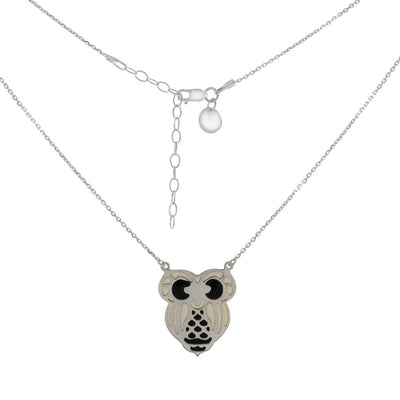 Sterling Silver Diamond Cut Cable Chain With Black and White Enamel Owl Pendant Necklace