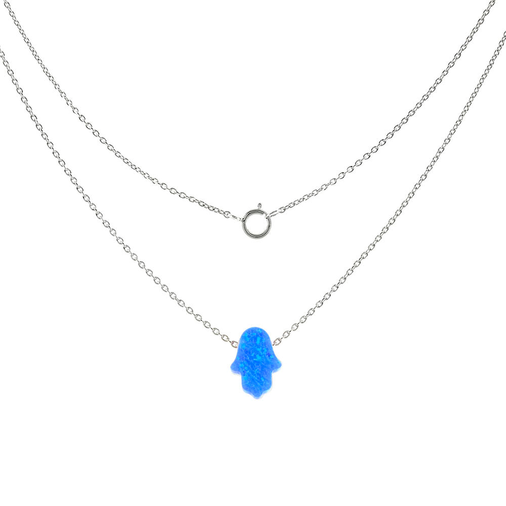 Sterling Silver Simulated Blue Opal Hamsa Pendant Necklace