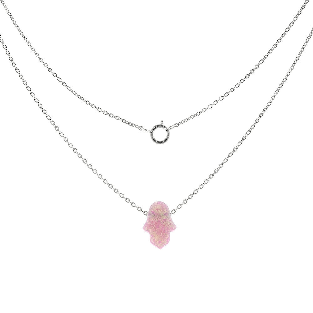 Sterling Silver Simulated Pink Opal Hamsa Pendant Necklace