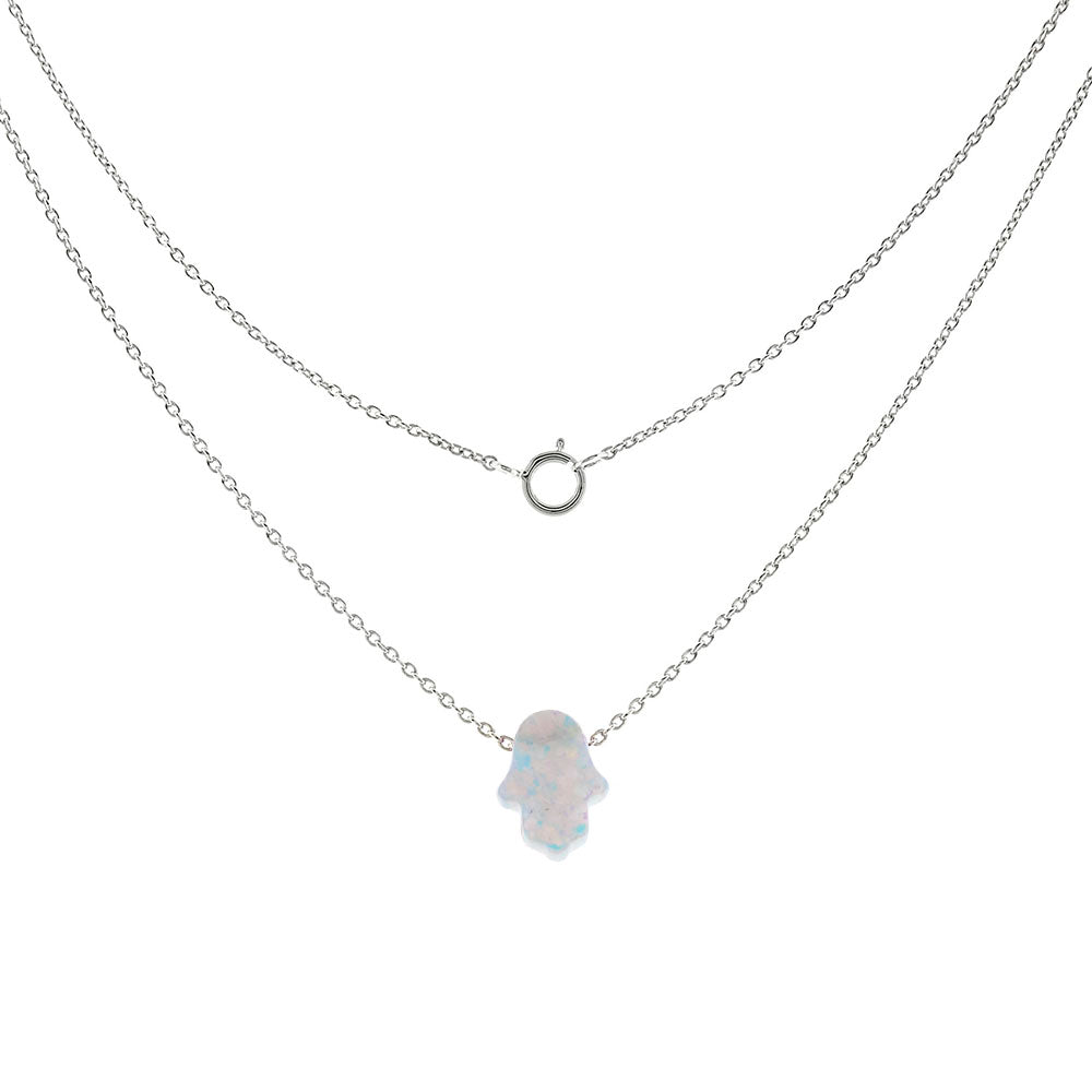 Sterling Silver Simulated White Opal Hamsa Pendant Necklace