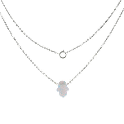 Sterling Silver Simulated White Opal Hamsa Pendant Necklace