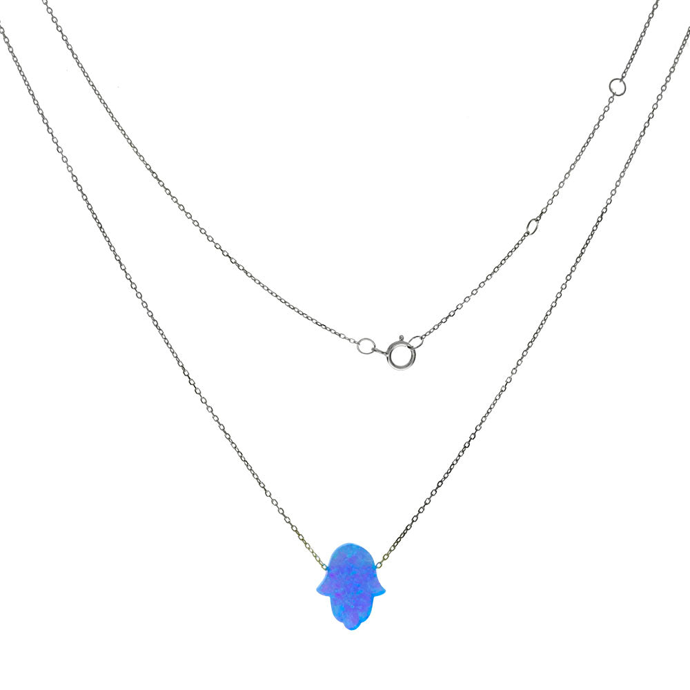 Sterling Silver Simulated Light Blue Opal Hamsa Pendant Necklace