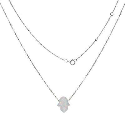 Sterling Silver Simulated White Opal Hamsa Pendant Necklace