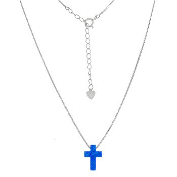 Sterling Silver 1mm Rhodium Box Chain With Lab-Created Opal Cross Pendant Necklace