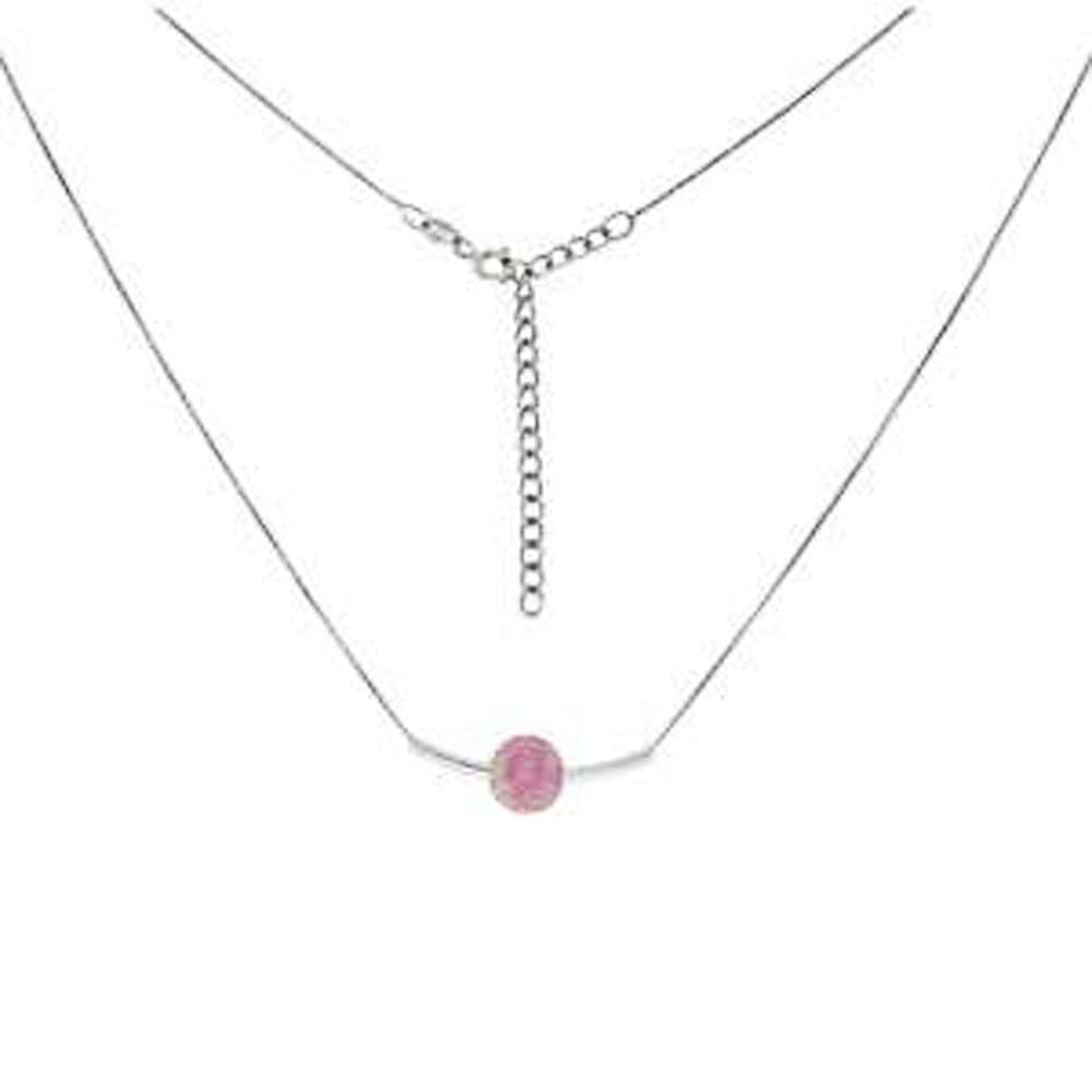 Sterling Silver Rhodium Box Chain With Silumated Pink Opal Ball NecklaceAnd Length 18 inchAnd Diameter 8.5 mm